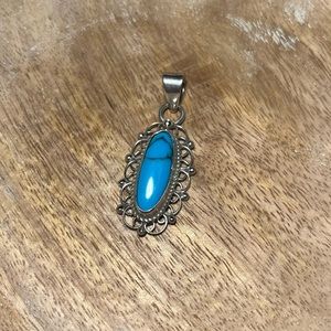 Blue Turquoise Filigree Mexico 925 Sterling Silver Pendant